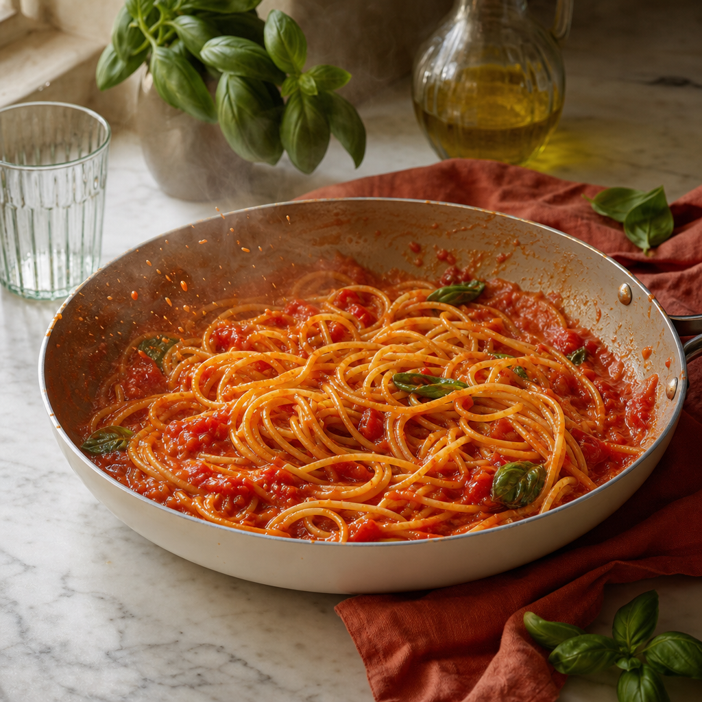 Pasta Pomodoro step 6: Finish in the sauce