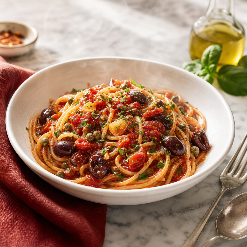 Pasta Puttanesca — finished dish