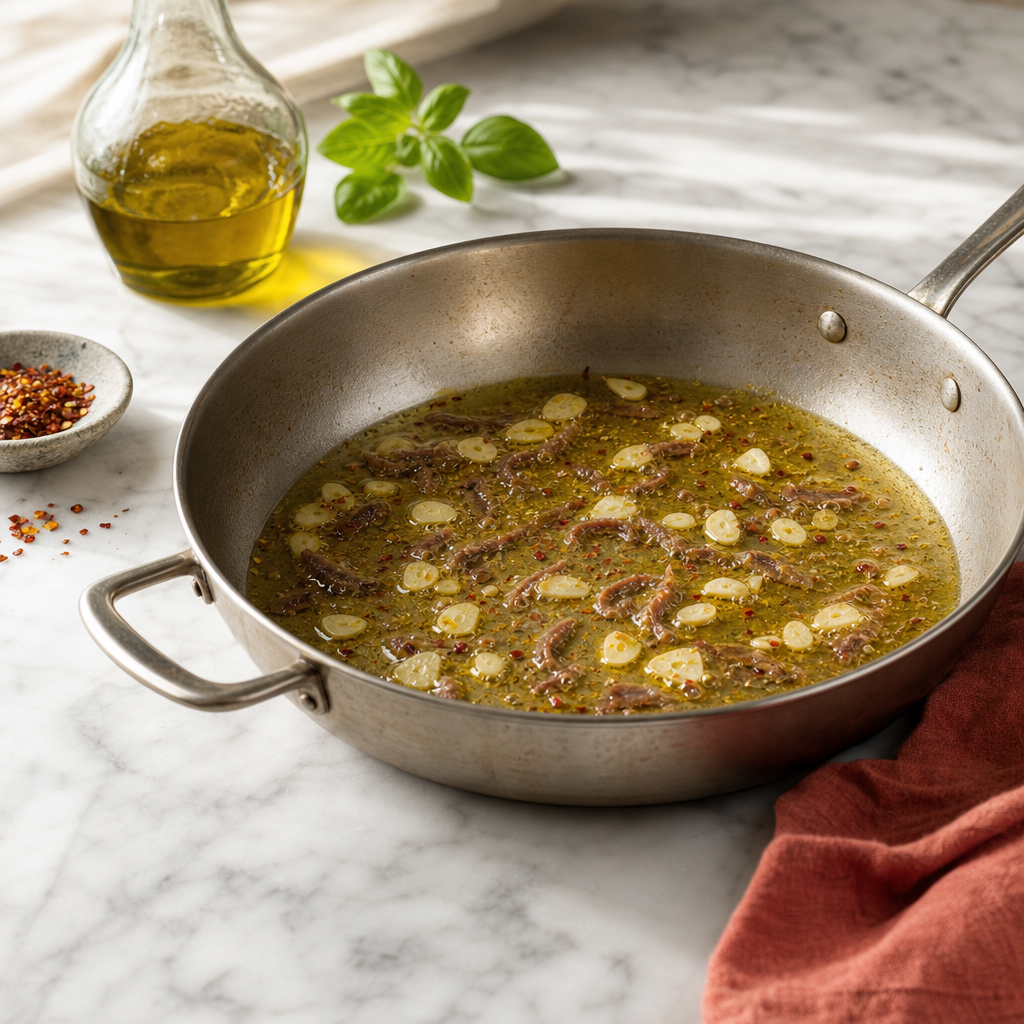 Pasta Puttanesca step 2: Infuse the oil
