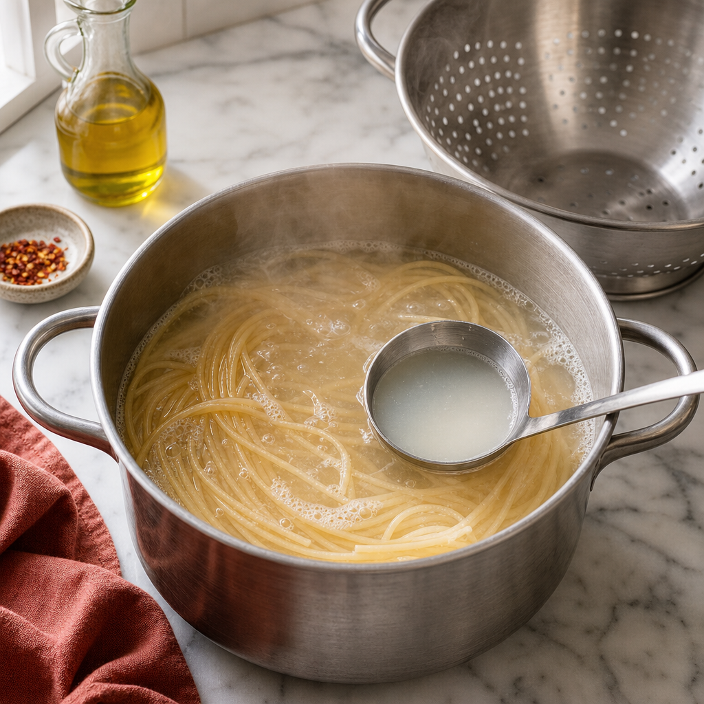 Pasta Puttanesca step 4: Reserve pasta water
