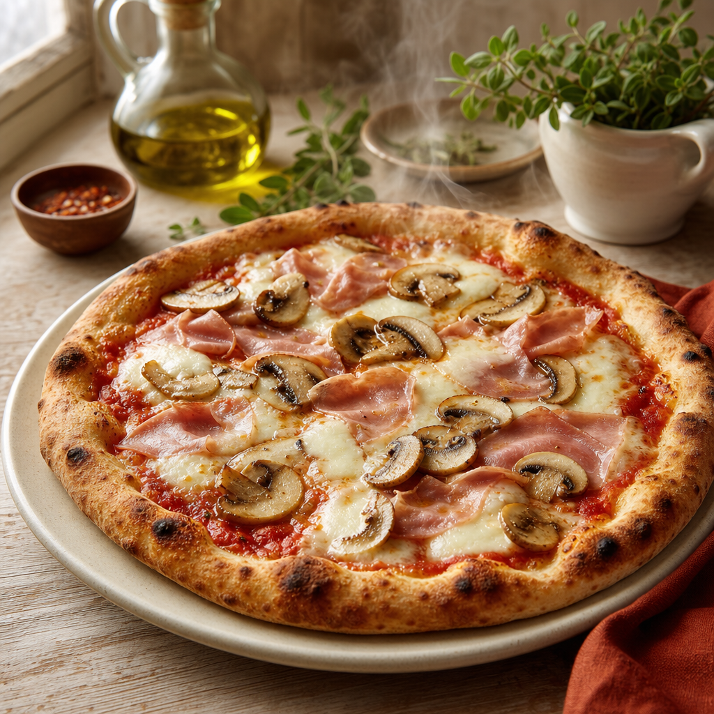 Pizza Prosciutto Funghi — finished dish