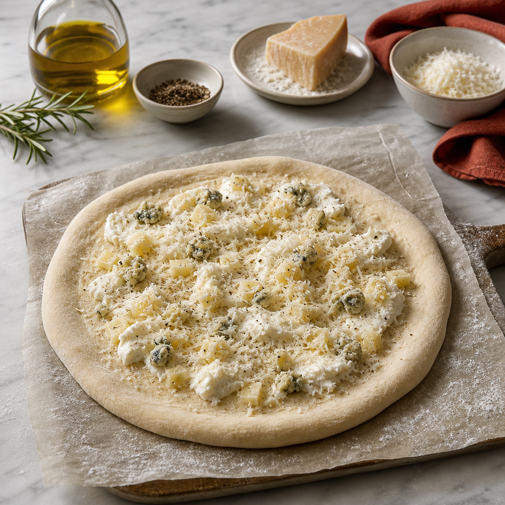 Pizza Quattro Formaggi step 6: Top with restraint