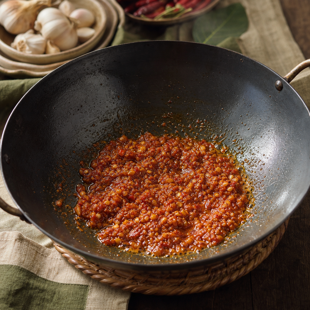 Fried Fish with Chili Tamarind Sauce step 6: Fry the chili paste