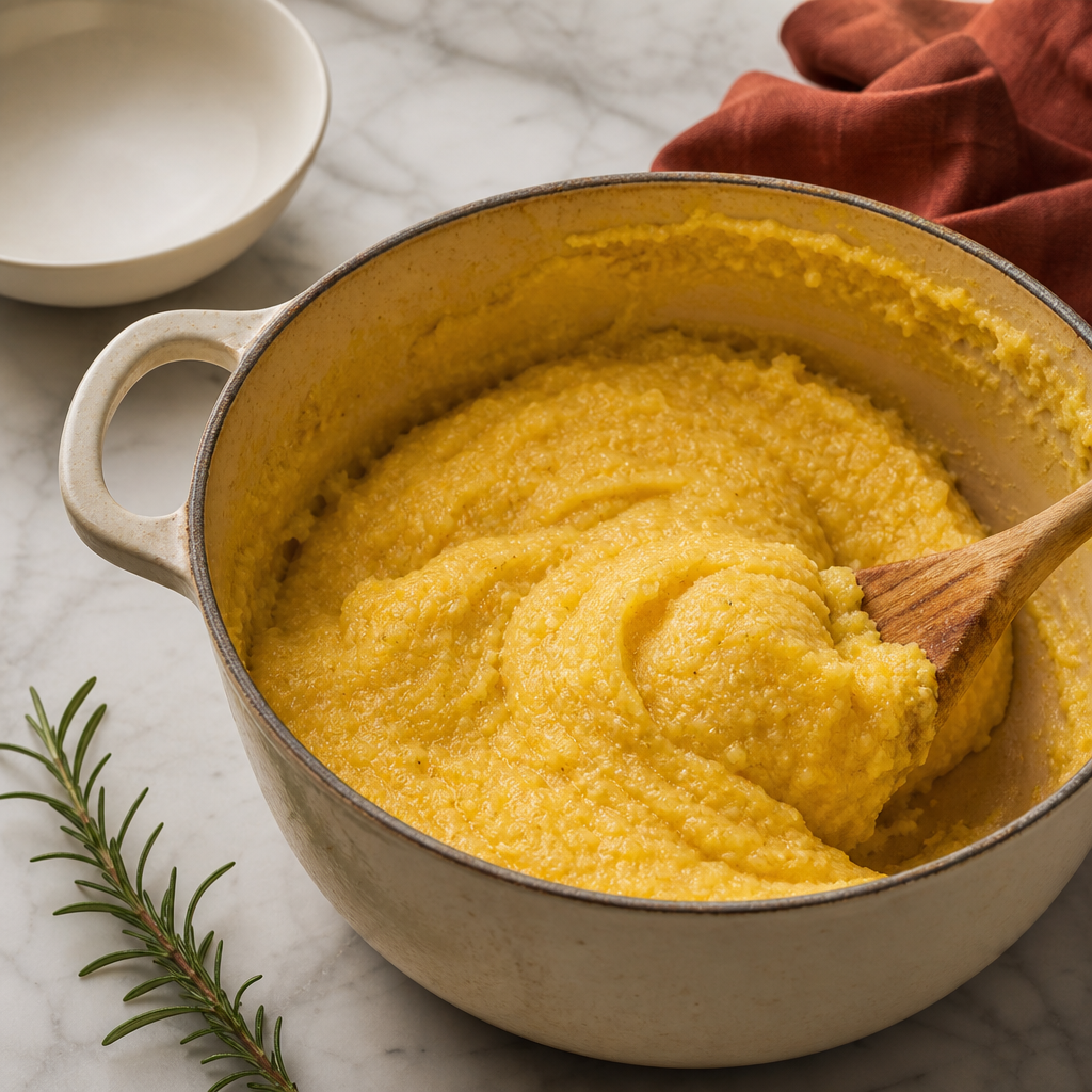 Polenta Concia step 2: Cook until the grains lose their raw edge