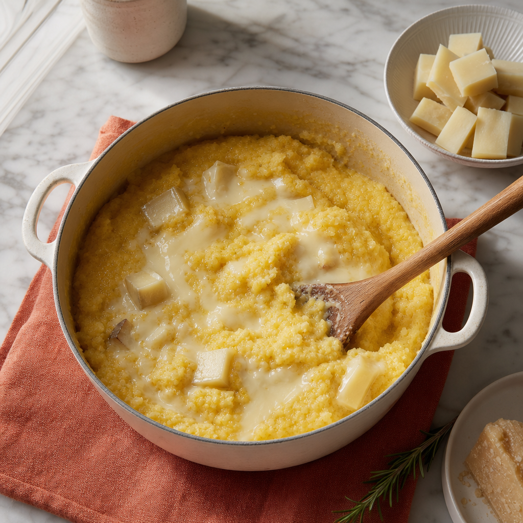 Polenta Concia step 4: Melt in the cheeses