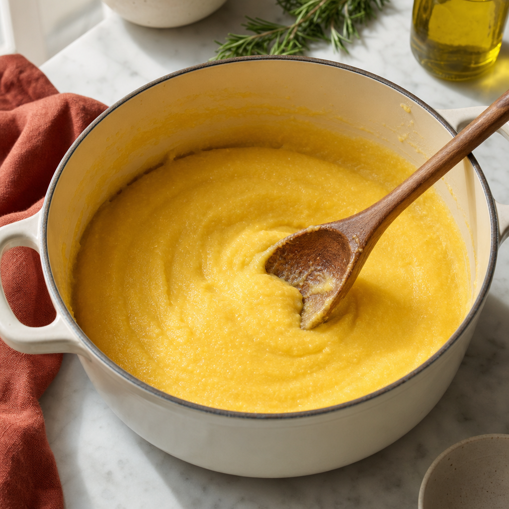 Polenta Funghi step 3: Cook the polenta until the grit disappears