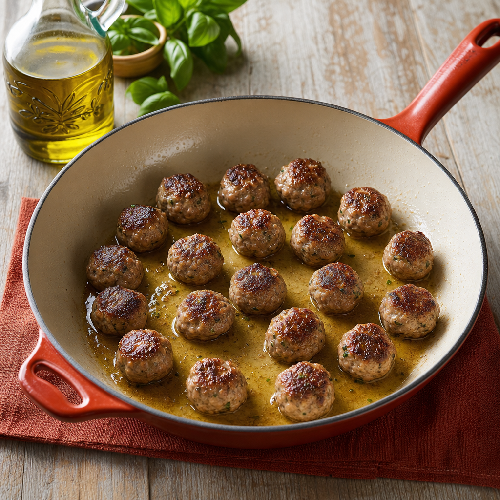 Polpette Pomodoro step 6: Brown the meatballs