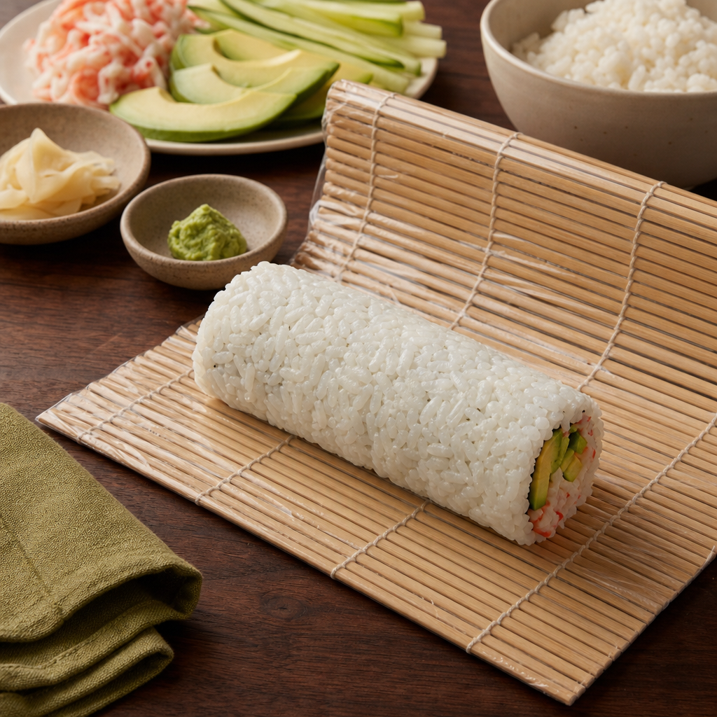 Rainbow Roll step 8: Roll and tighten
