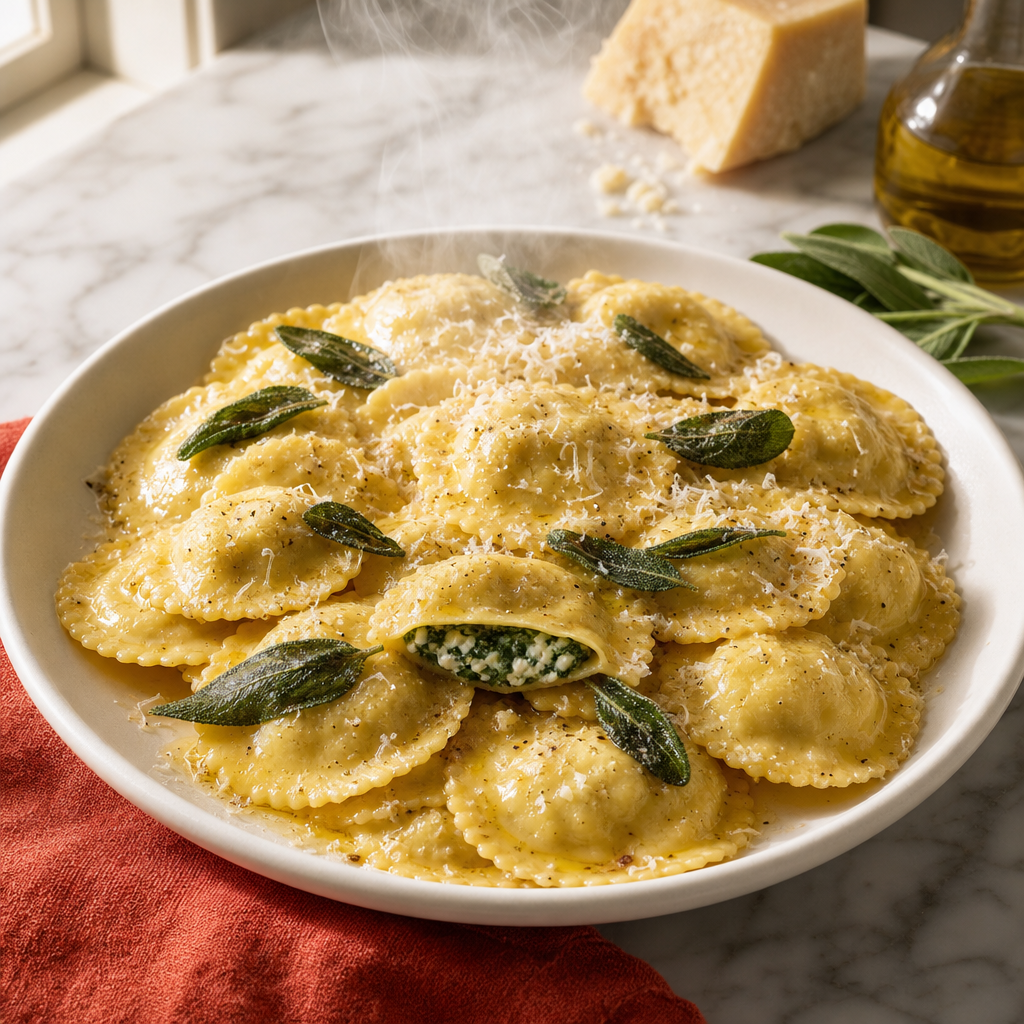 Spinach and Ricotta Ravioli — finished dish