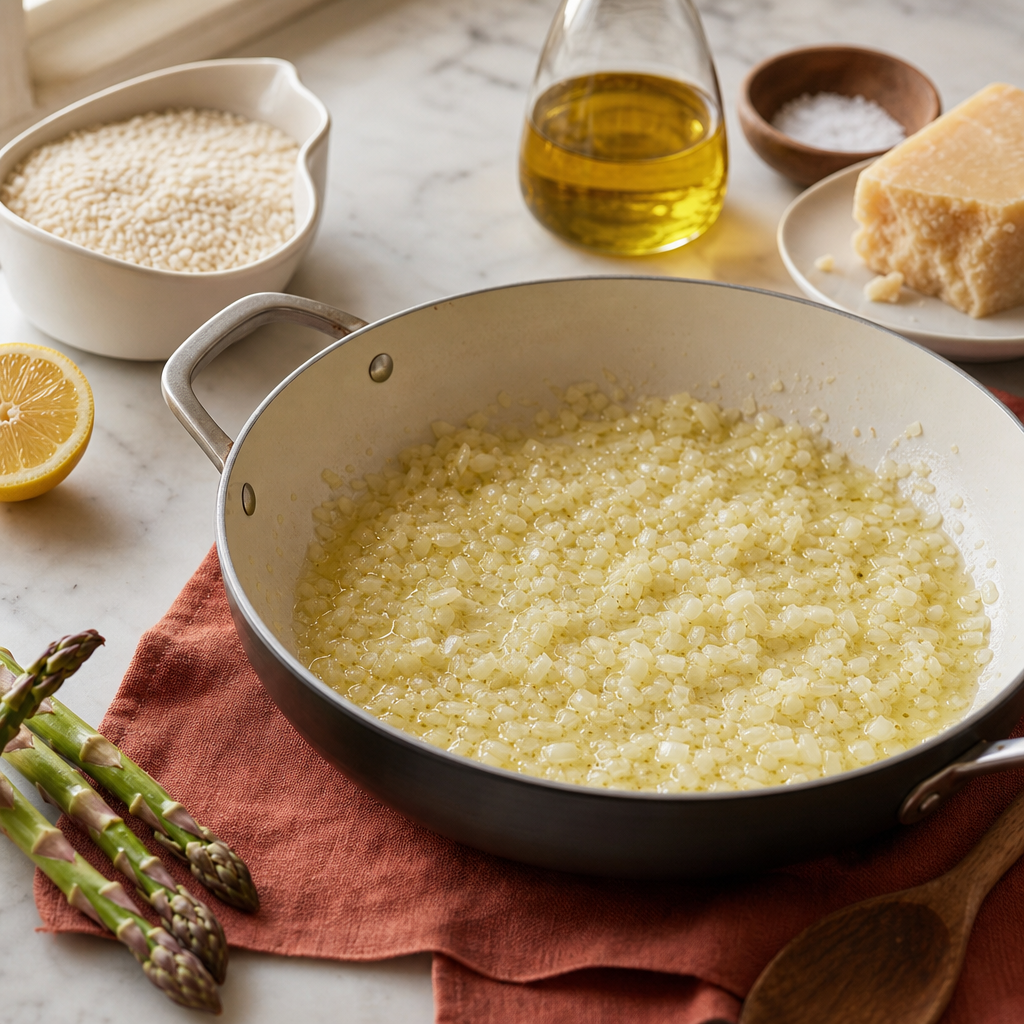 Asparagus Risotto step 3: Soften the onion