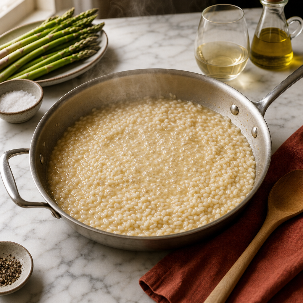 Asparagus Risotto step 5: Reduce the wine