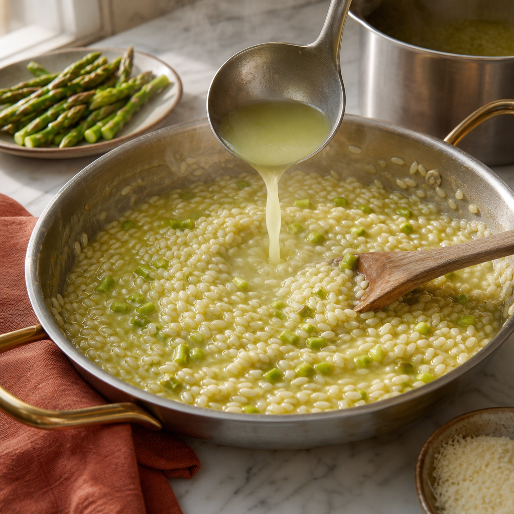 Asparagus Risotto step 6: Cook with hot stock