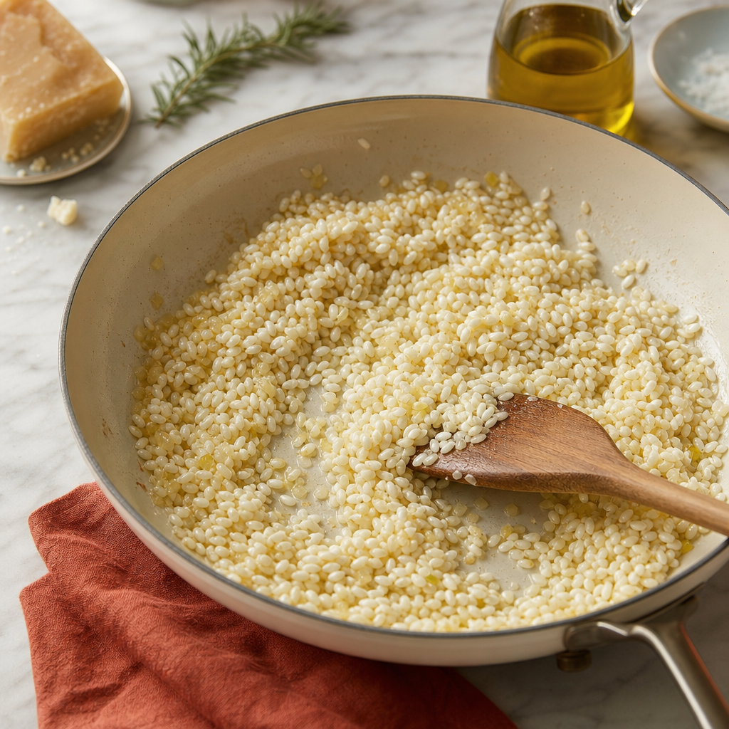 Risotto Milanese step 3: Toast the rice