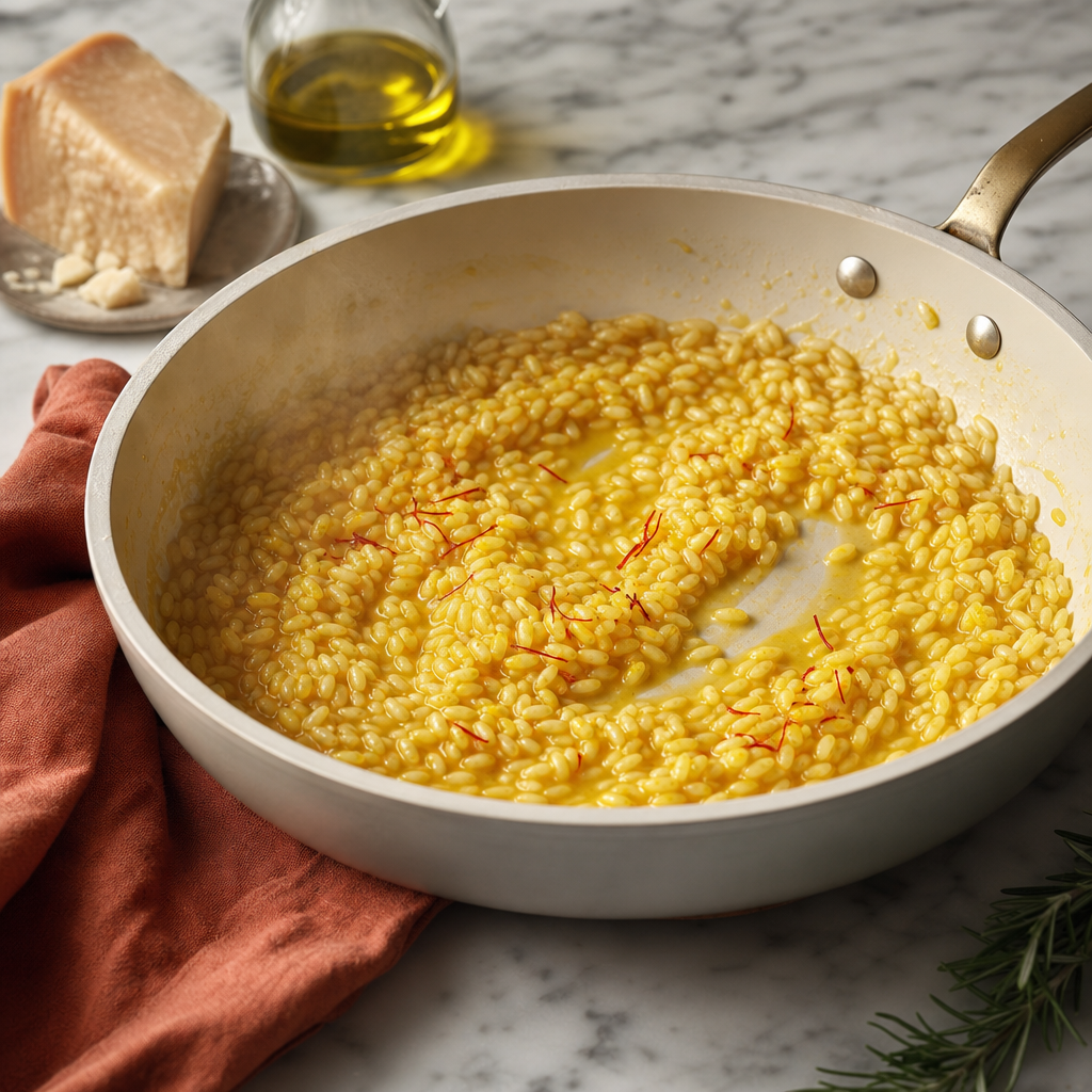 Risotto Milanese step 4: Add saffron wine