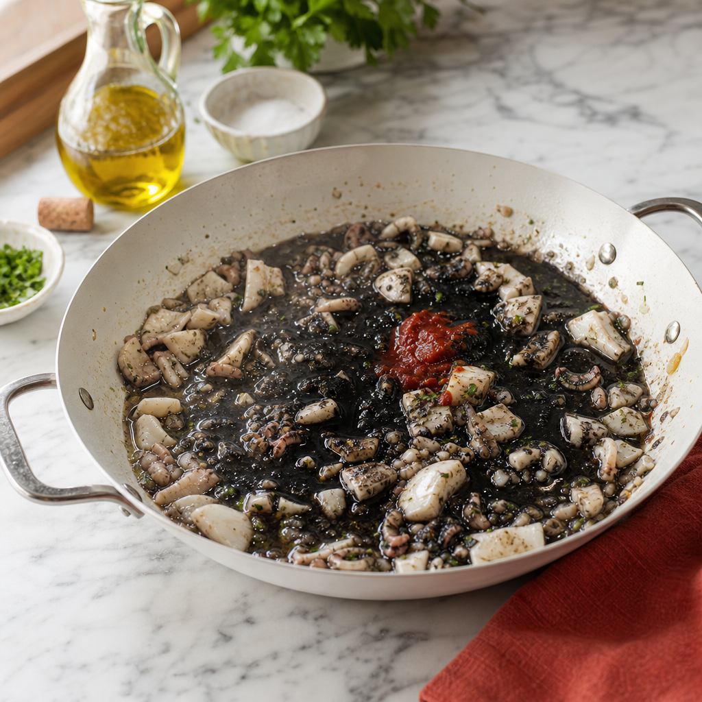 Risotto Nero Seppia step 3: Add wine, tomato, and ink