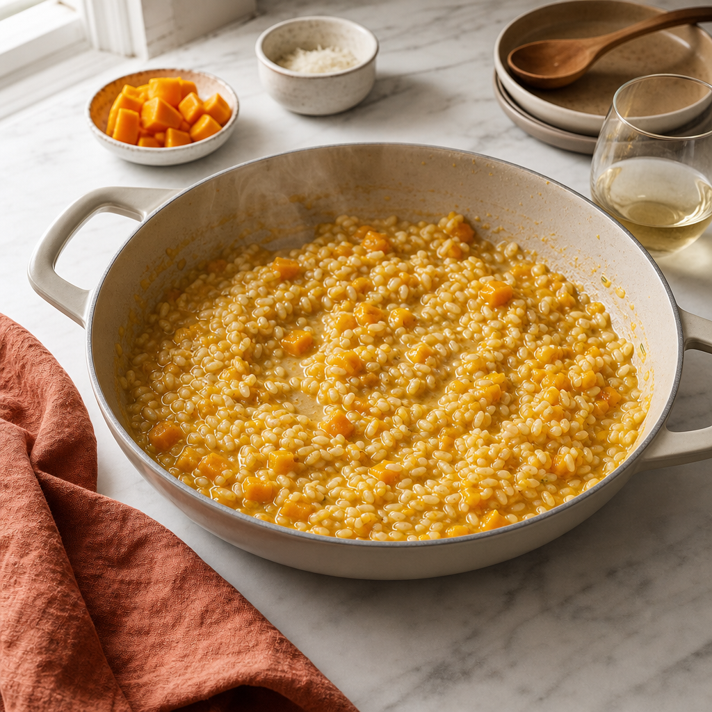 Pumpkin Risotto step 4: Deglaze with wine