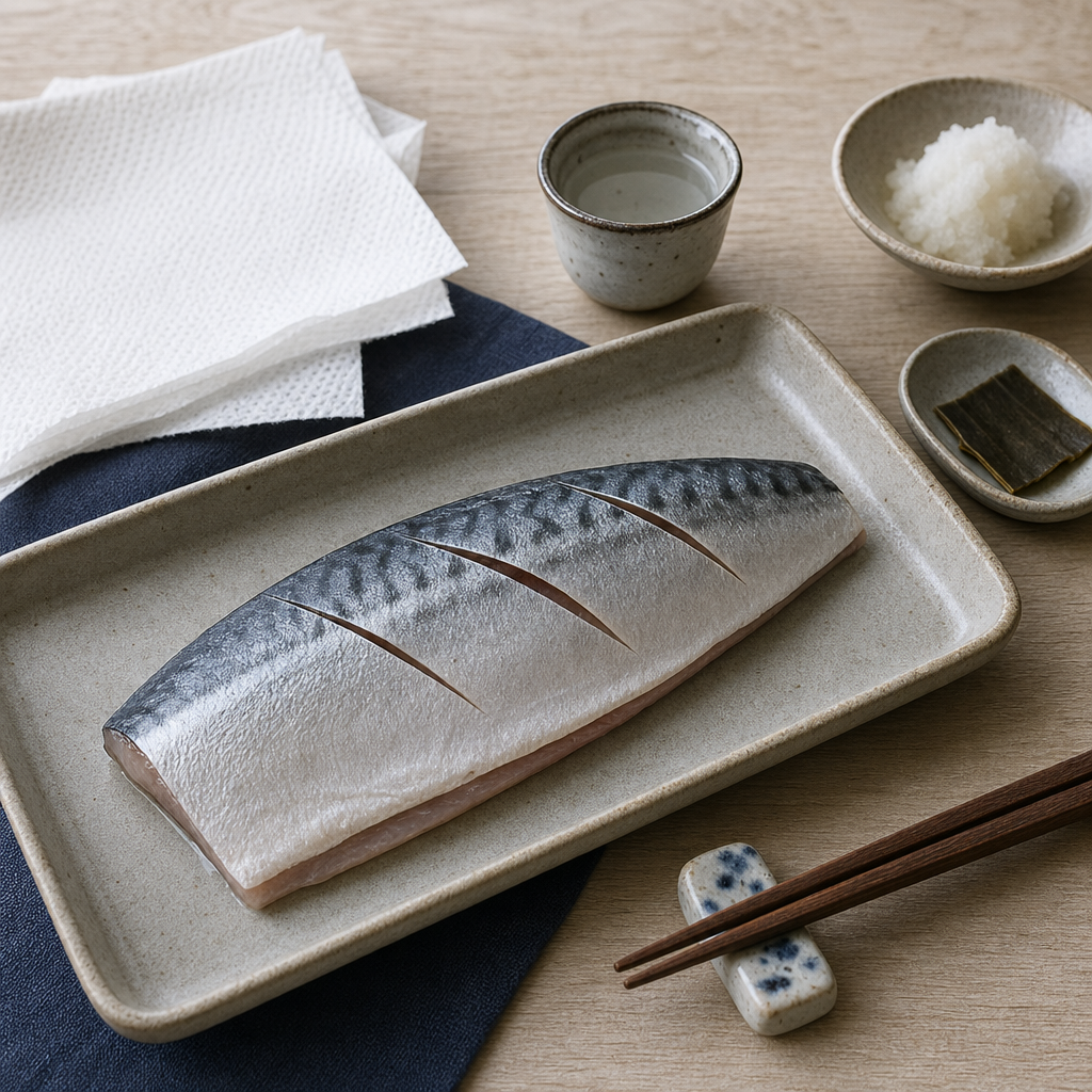 Saba Shioyaki step 3: Dry and score