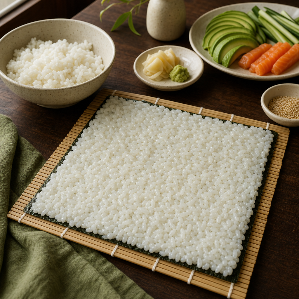 Salmon Avocado Roll step 7: Build the rice-outside sheet