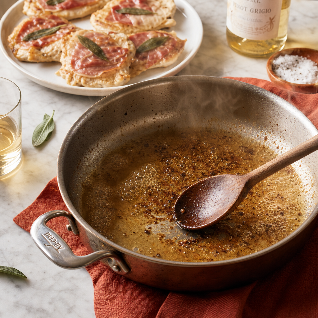 Chicken Saltimbocca step 6: Deglaze the pan