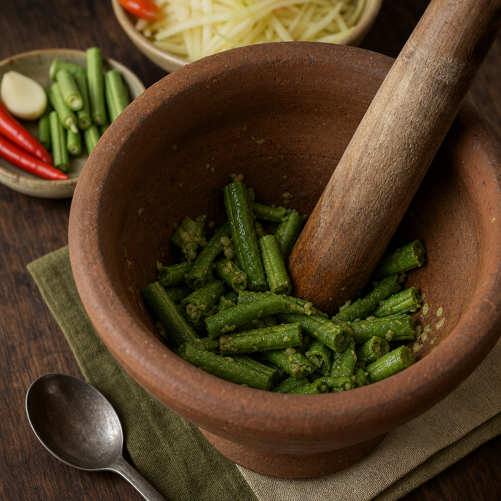 Som Tum Pla Ra step 3: Bruise the beans