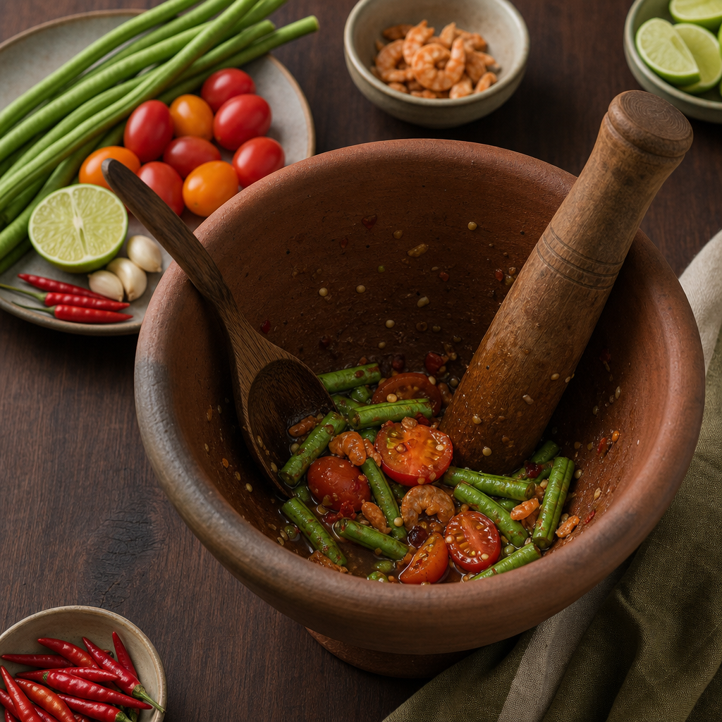 Som Tum (Green Papaya Salad) step 4: Bruise the beans and tomatoes