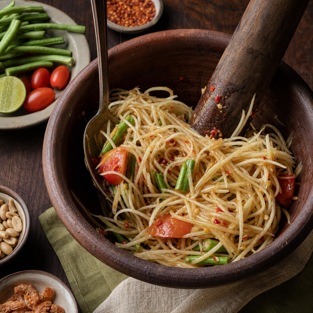 Som Tum (Green Papaya Salad) step 5: Dress the papaya