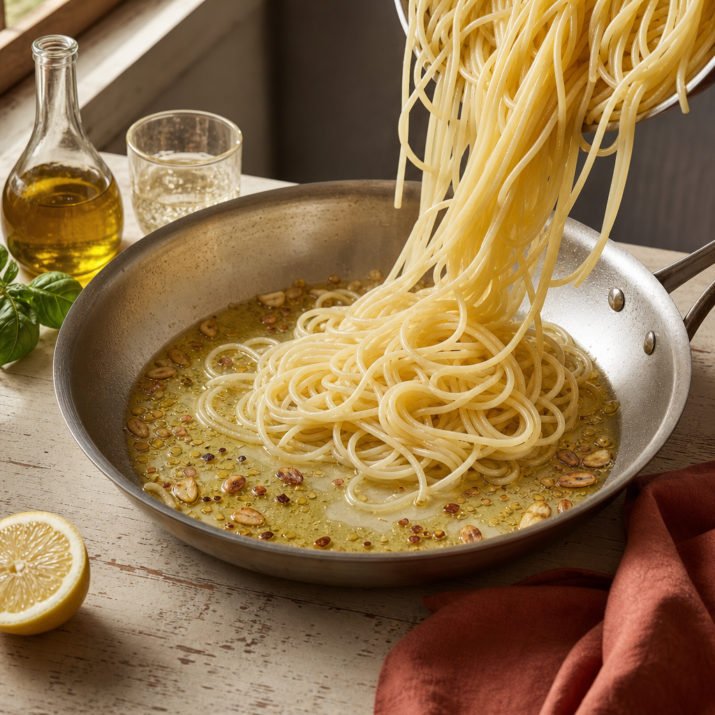 Spaghetti Aglio e Olio step 4: Move the pasta wet