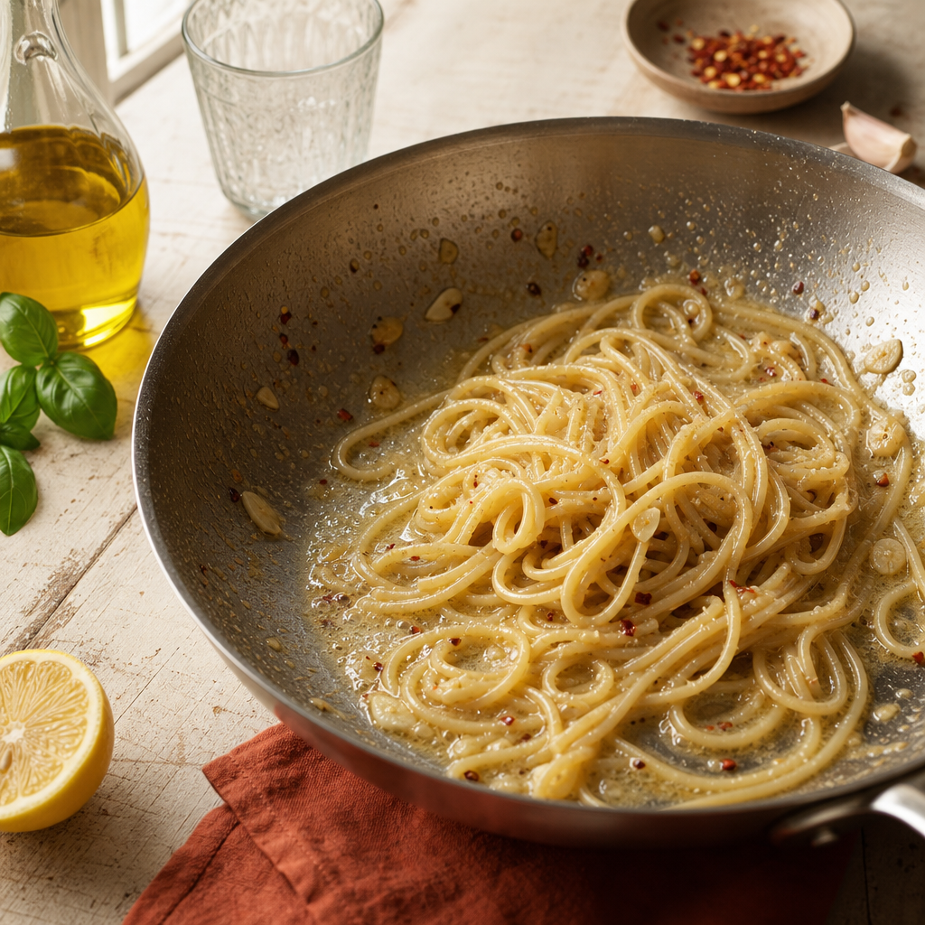 Spaghetti Aglio e Olio step 6: Finish off heat