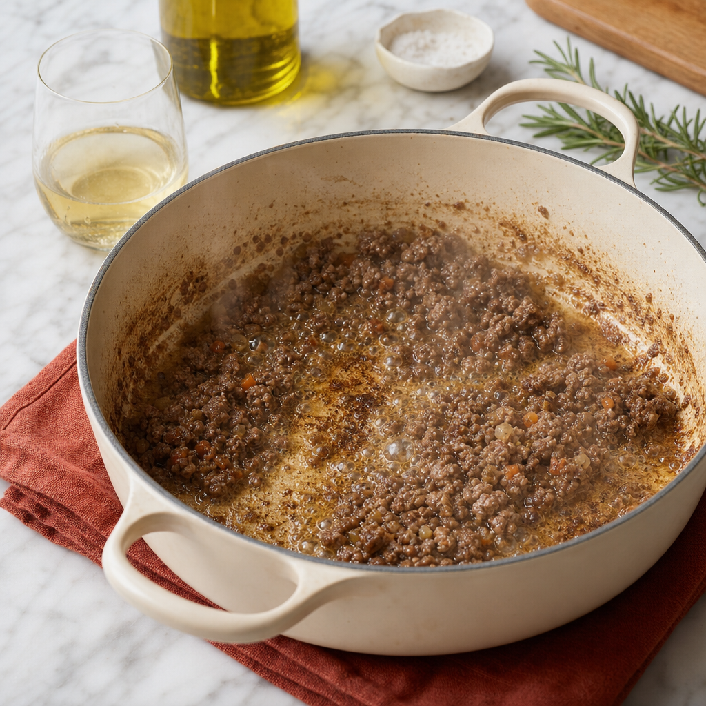 Spaghetti Bolognese step 5: Reduce the wine dry