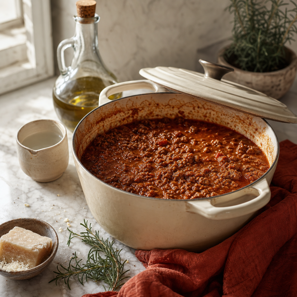 Spaghetti Bolognese step 8: Simmer low for three hours