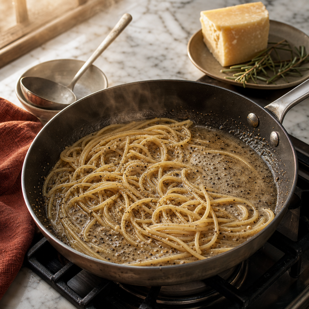 Spaghetti Cacio e Pepe step 4: Build a pepper-starch base
