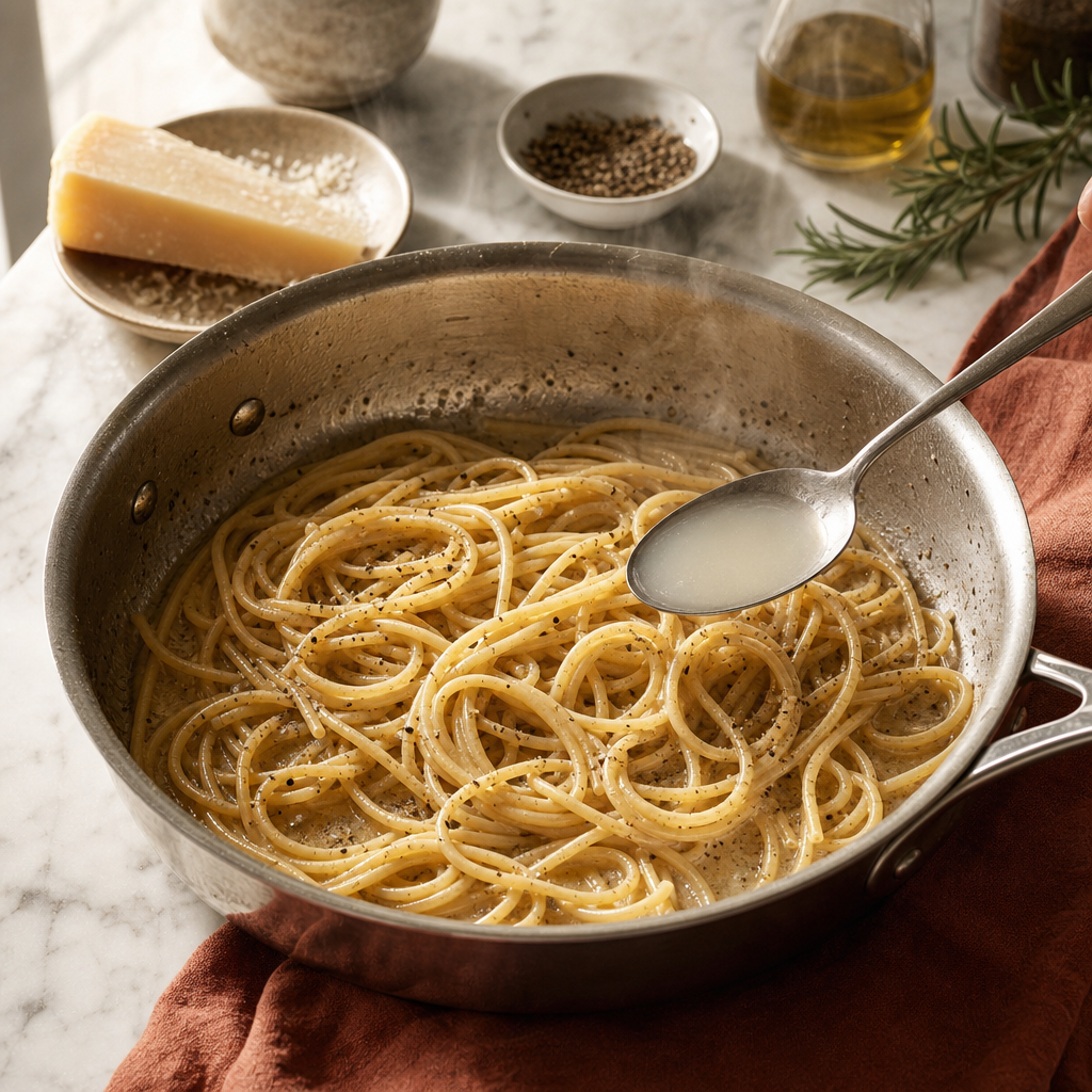 Spaghetti Cacio e Pepe step 5: Cool the pan before adding cheese