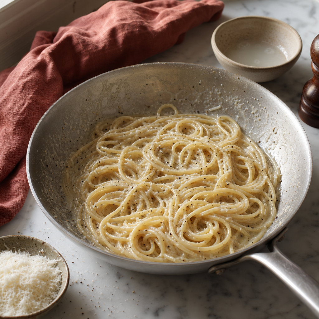 Spaghetti Cacio e Pepe step 6: Emulsify off heat