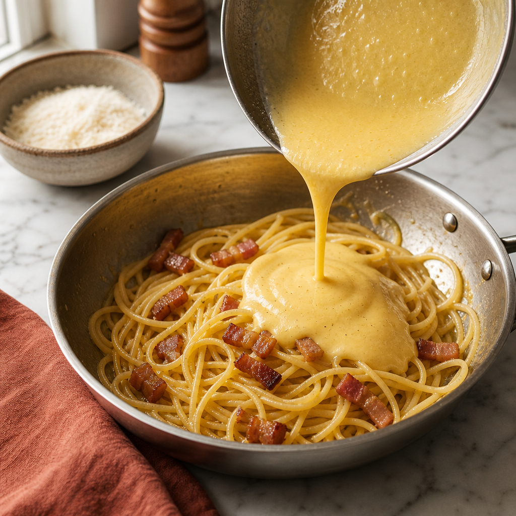 Spaghetti Carbonara step 5: Temper off heat