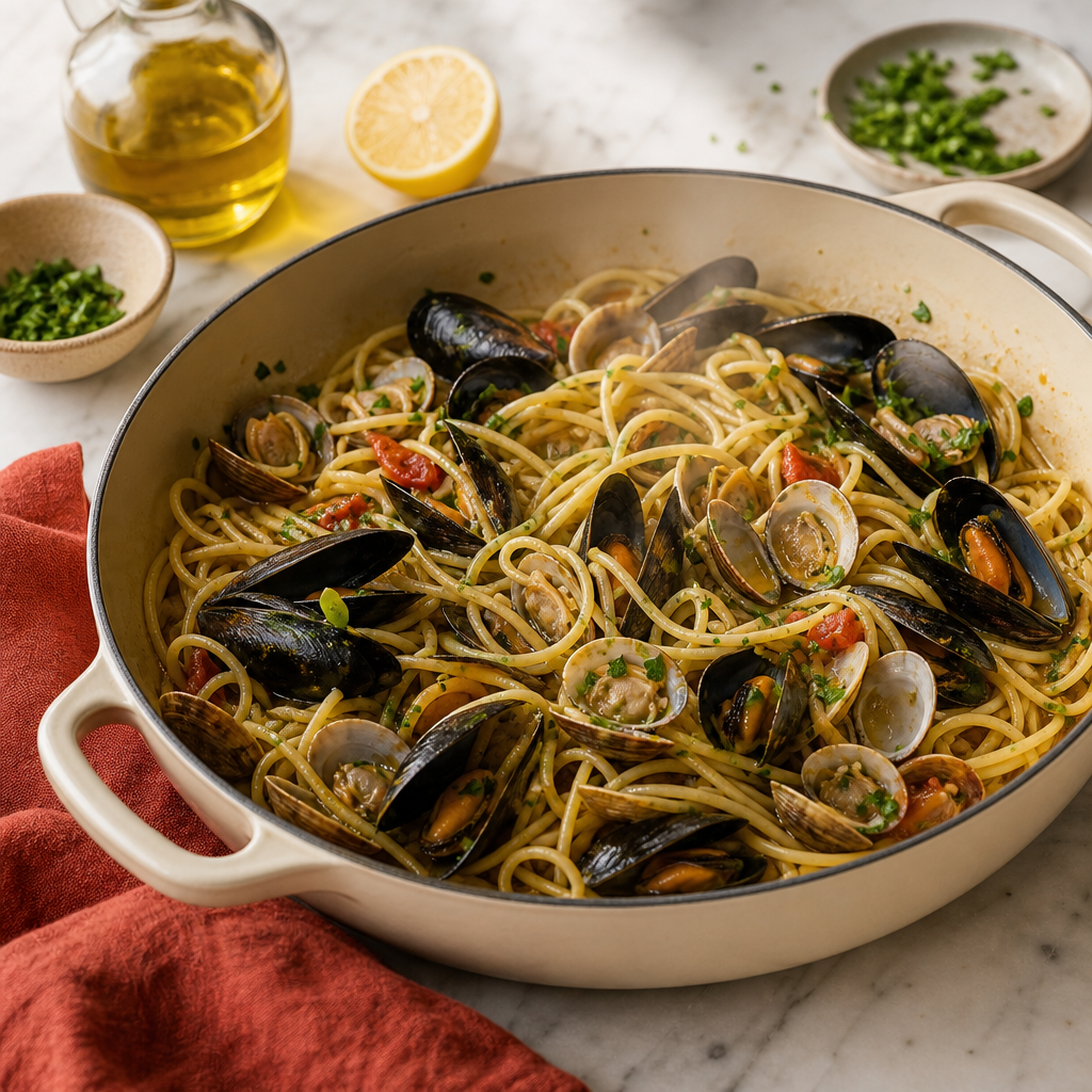 Spaghetti Frutti di Mare step 9: Return the shellfish and finish