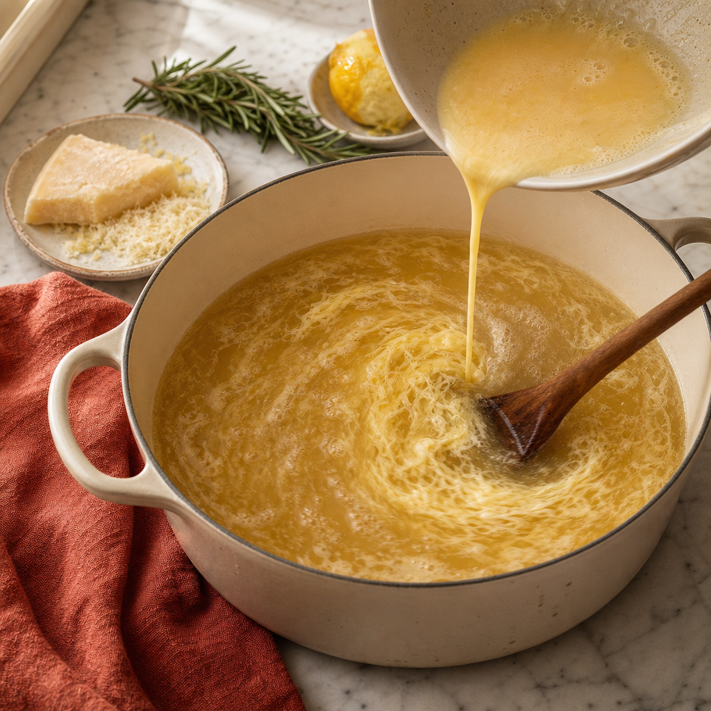 Stracciatella Brodo step 3: Stream into a bare simmer