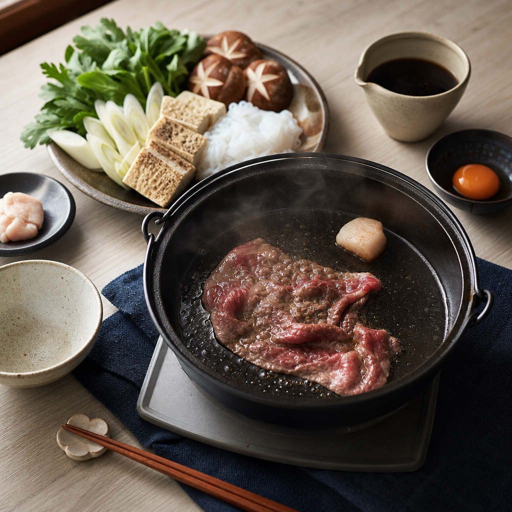 Sukiyaki step 4: Render the beef fat and sear the first beef