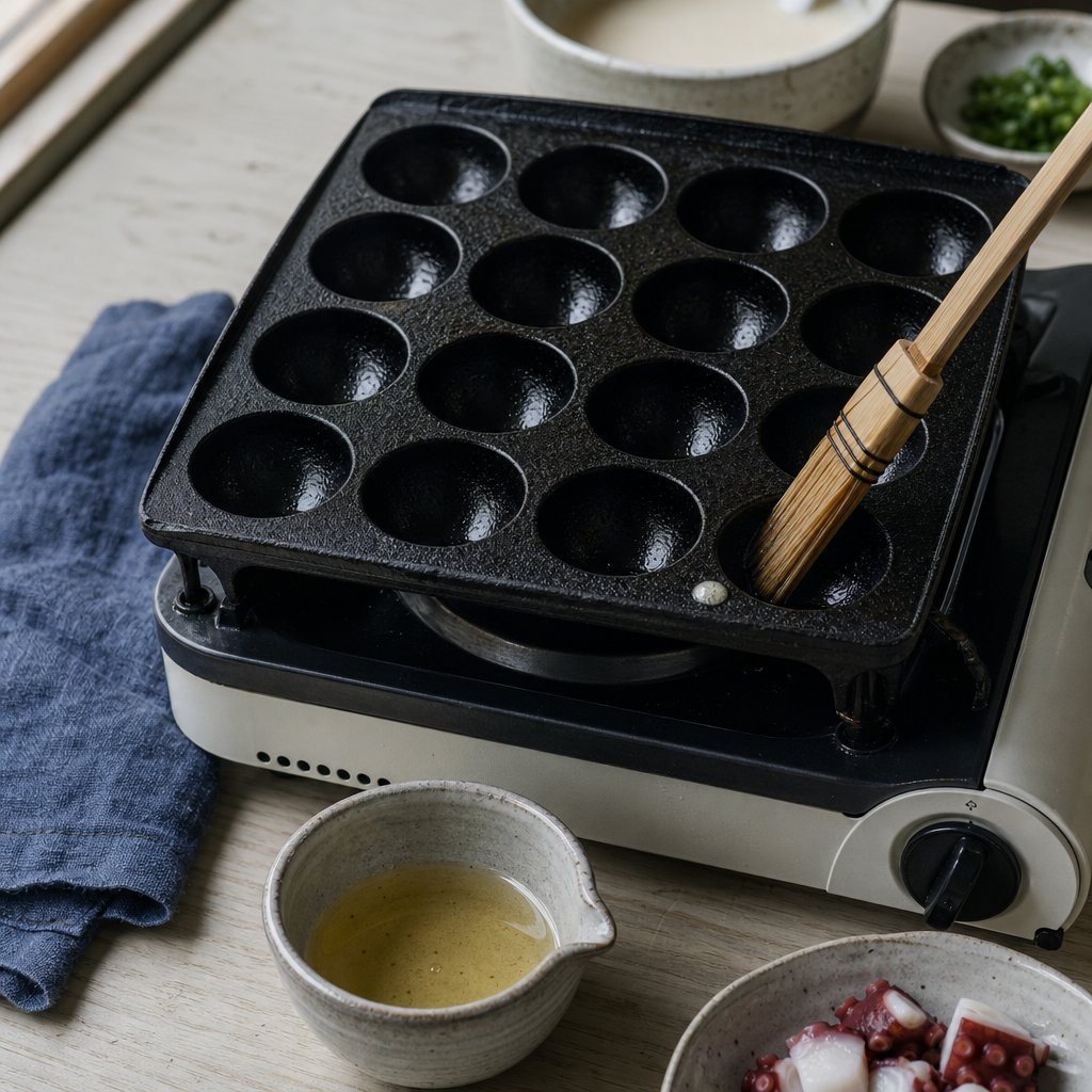 Takoyaki step 3: Heat and oil the takoyaki pan