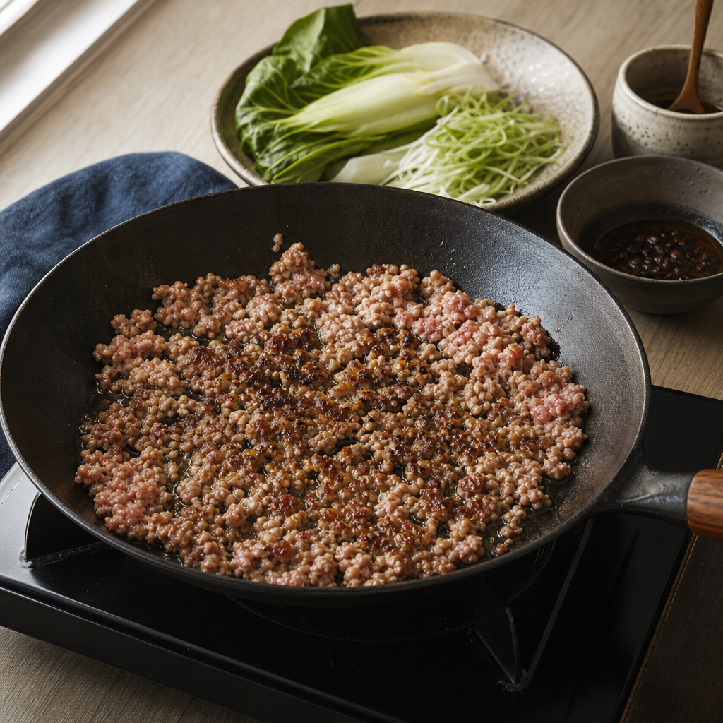 Tantanmen step 3: Fry the pork topping