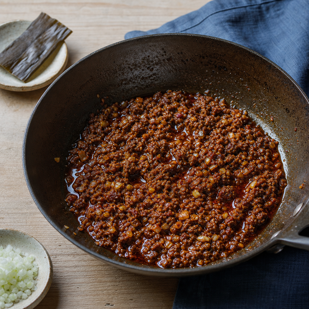 Tantanmen step 4: Bloom the aromatics and chile bean paste