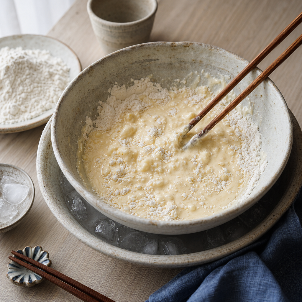 Tempura Soba step 6: Mix the batter late