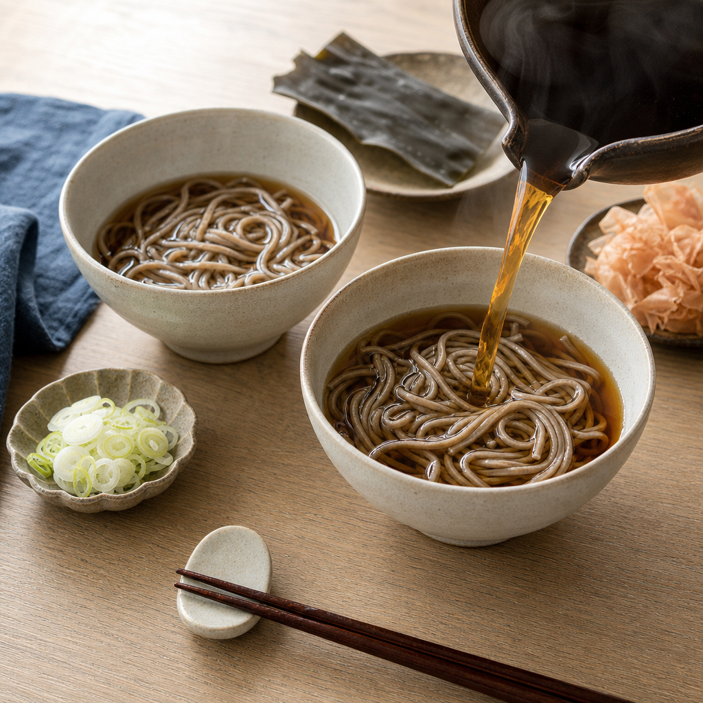 Tempura Soba step 8: Reheat the noodles in broth