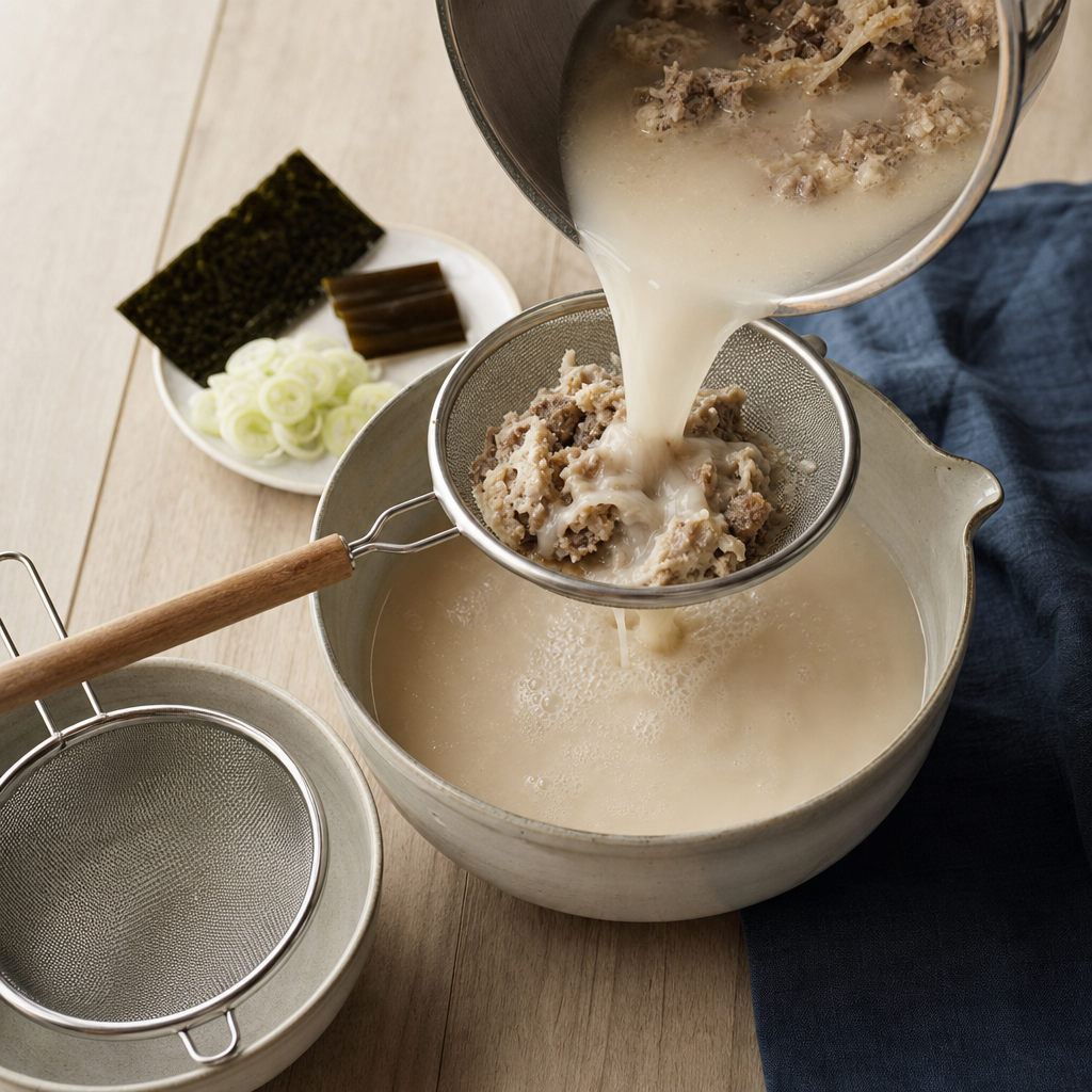 Tonkotsu Ramen step 6: Strain and adjust the broth