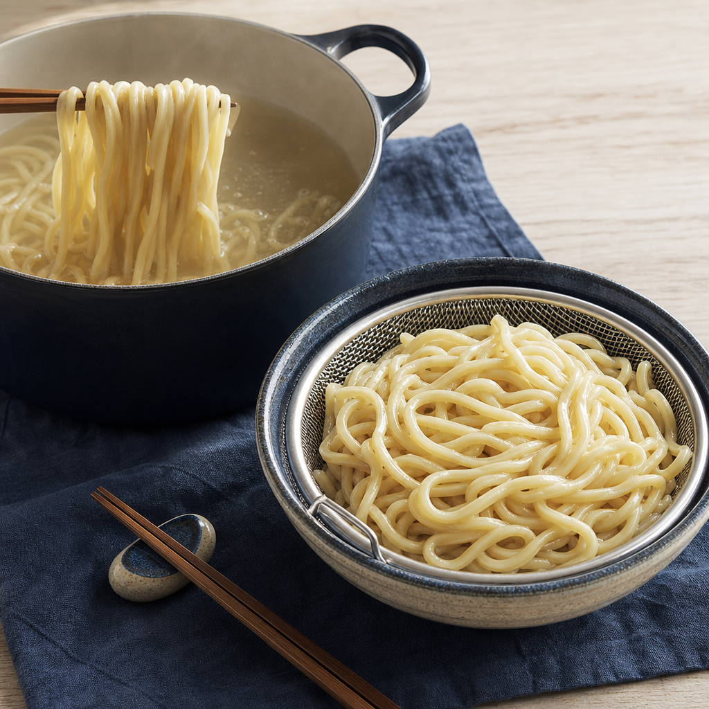 Tsukemen step 8: Cook the noodles hard and rinse them cold