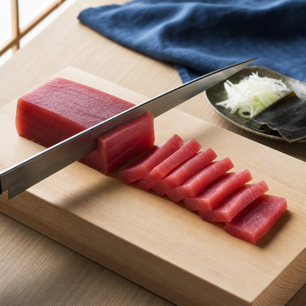 Tuna Sashimi step 3: Slice with one pulling stroke