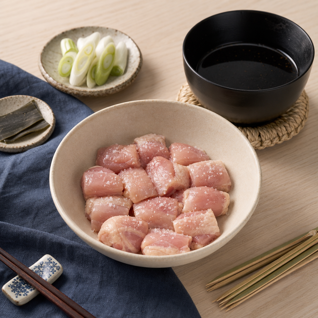 Yakitori Negima step 3: Cut and season the chicken