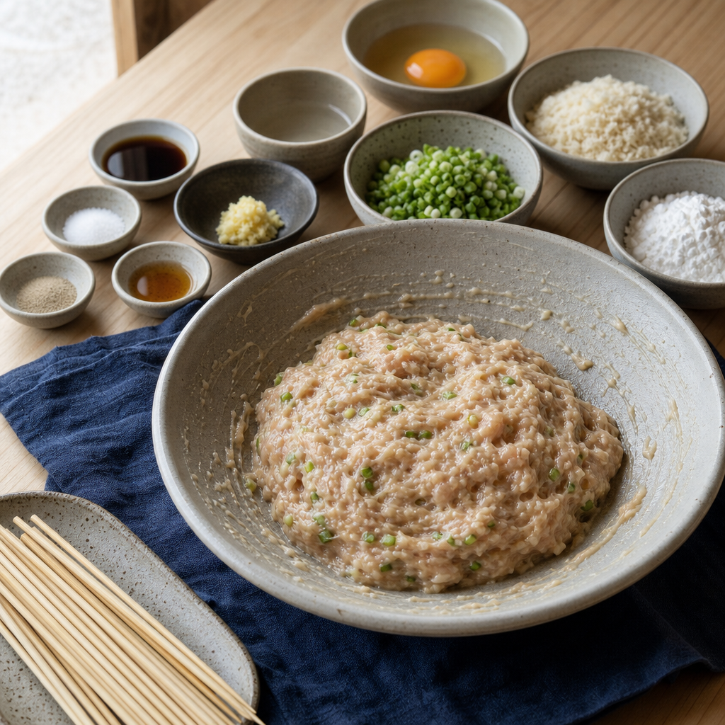 Yakitori Tsukune step 3: Knead the chicken mixture
