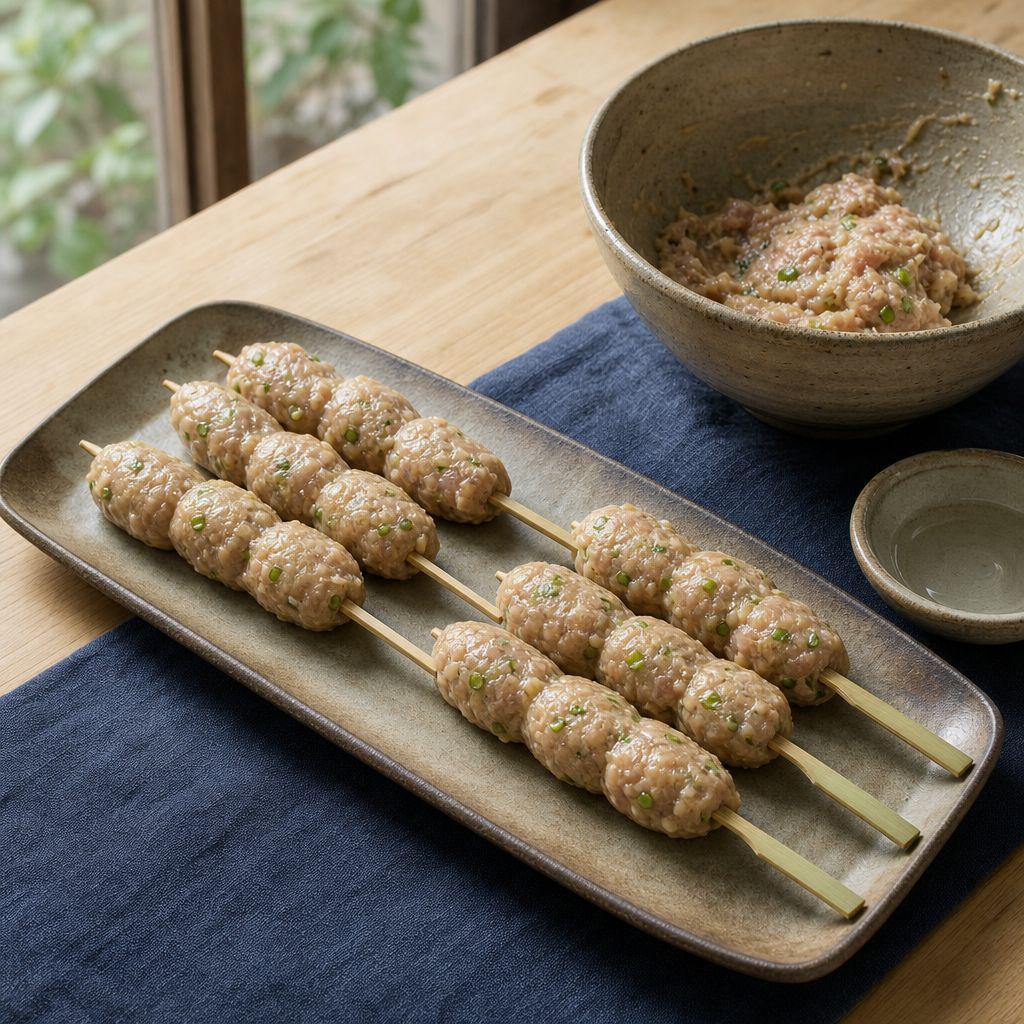Yakitori Tsukune step 5: Shape onto skewers