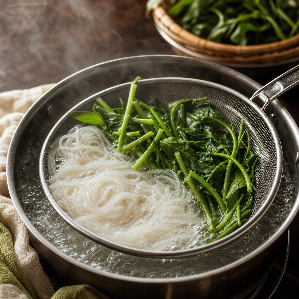 Yen Ta Fo step 7: Blanch noodles and water spinach