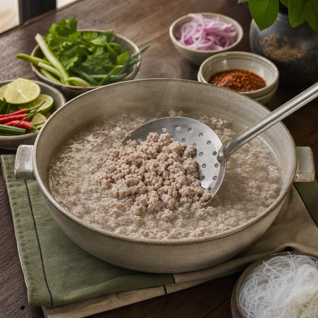 Yum Woon Sen (Thai Glass Noodle Salad) step 4: Cook the pork in the same water